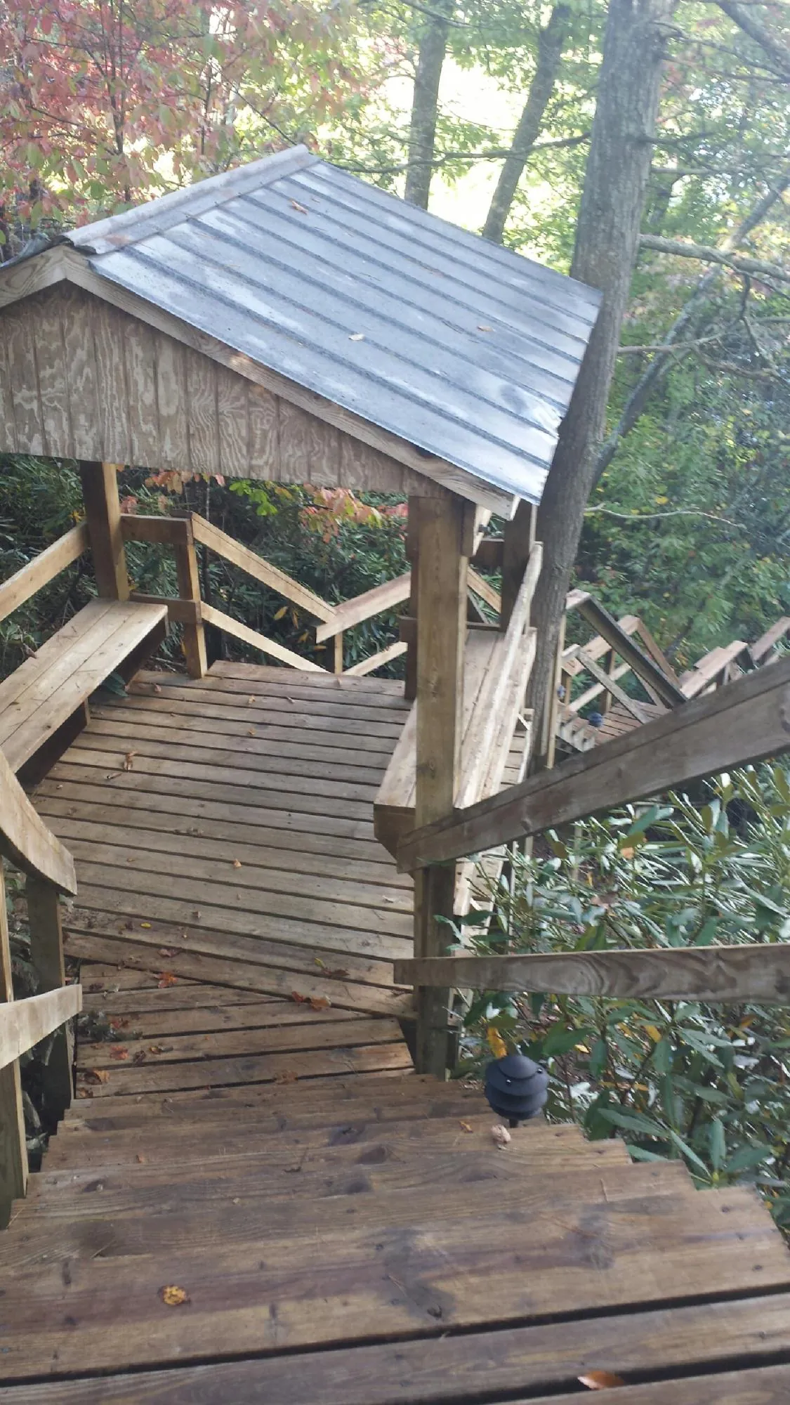 Metal roofed shelter over wooden steps on a wooded walkway — Skylight Repair & Installation work by our crew in Wapato